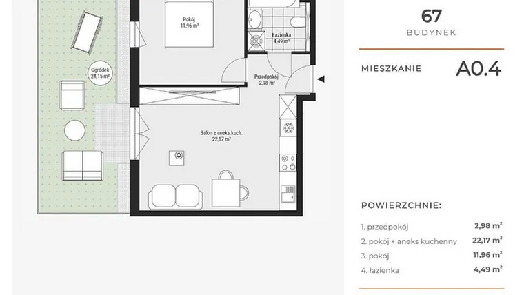 Rzut - Mieszkanie na sprzedaż 2 pokoje o powierzchni 41,6 m² - numer A0.4 w Enklawa Bukowa