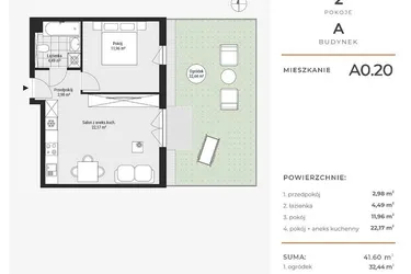 Rzut - Mieszkanie na sprzedaż 2 pokoje o powierzchni 41,6 m² - numer A0.20 w Enklawa Bukowa
