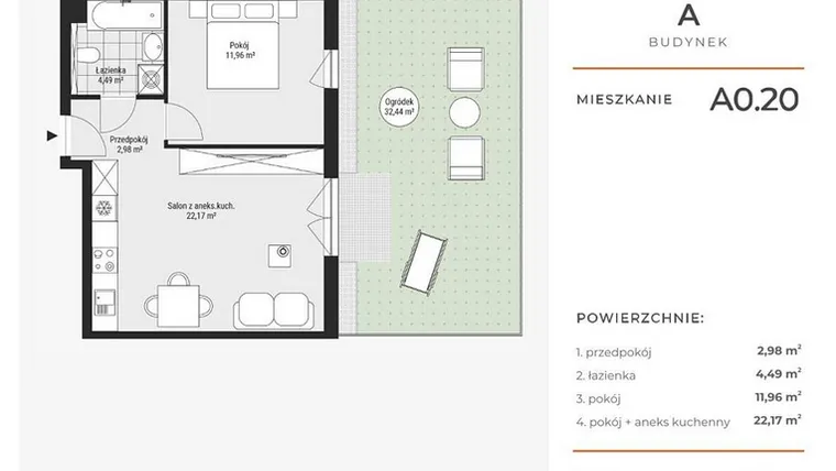 Rzut - Mieszkanie na sprzedaż 2 pokoje o powierzchni 41,6 m² - numer A0.20 w Enklawa Bukowa