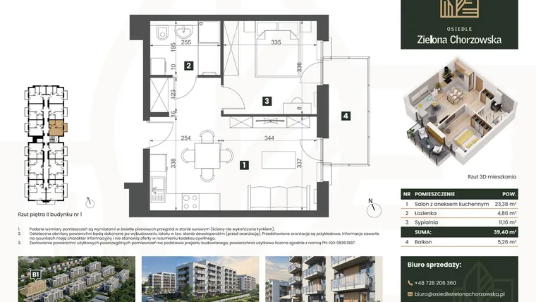Rzut - Mieszkanie na sprzedaż 2 pokoje o powierzchni 39,4 m² - numer B1.M18 w Osiedle Zielona Chorzowska