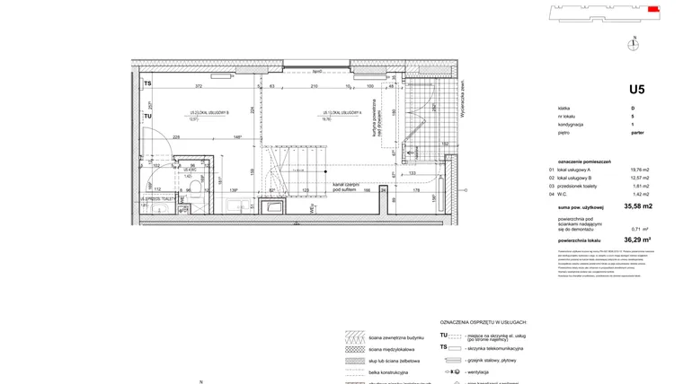 Rzut - Lokal użytkowy na sprzedaż 1 pokój o powierzchni 36,29 m² - numer UB05 w Osiedle Goslove