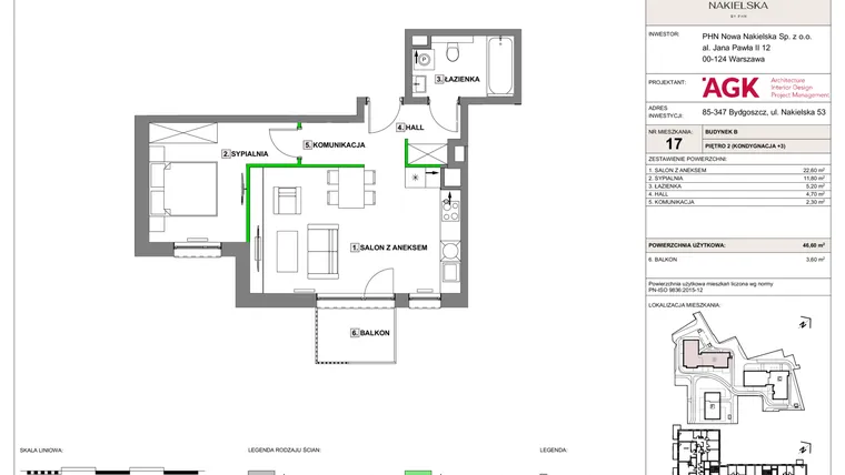 Rzut - Mieszkanie na sprzedaż 2 pokoje o powierzchni 46,6 m² - numer NN-B-LM-17 w Nowa Nakielska by PHN