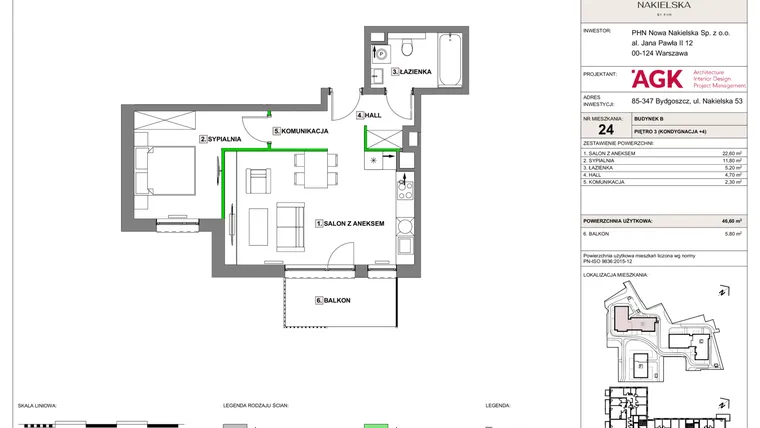 Rzut - Mieszkanie na sprzedaż 2 pokoje o powierzchni 46,6 m² - numer NN-B-LM-24 w Nowa Nakielska by PHN