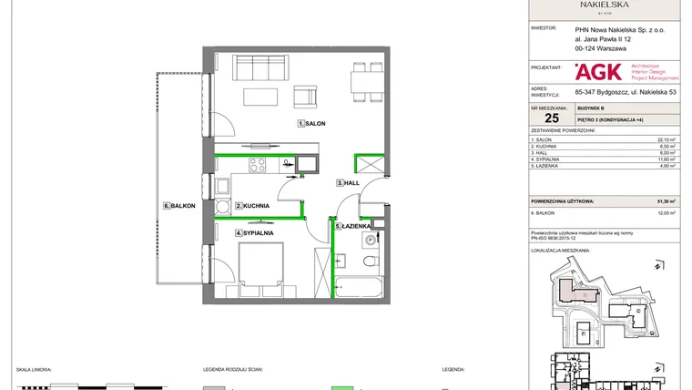 Rzut - Mieszkanie na sprzedaż 2 pokoje o powierzchni 51,3 m² - numer NN-B-LM-25 w Nowa Nakielska by PHN