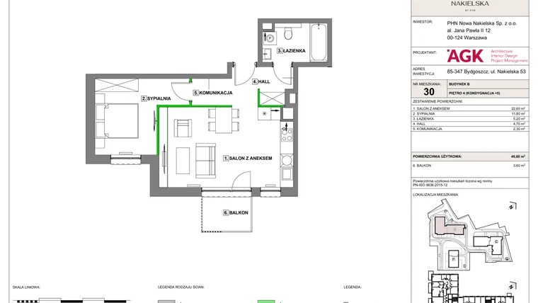 Rzut - Mieszkanie na sprzedaż 2 pokoje o powierzchni 46,6 m² - numer NN-B-LM-30 w Nowa Nakielska by PHN
