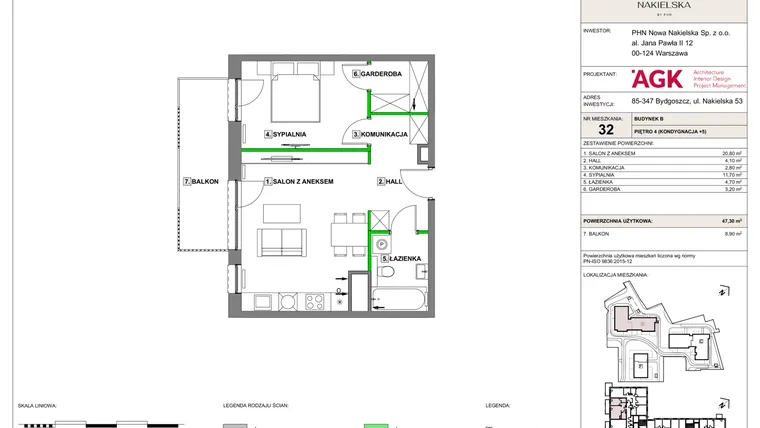Rzut - Mieszkanie na sprzedaż 2 pokoje o powierzchni 47,3 m² - numer NN-B-LM-32 w Nowa Nakielska by PHN