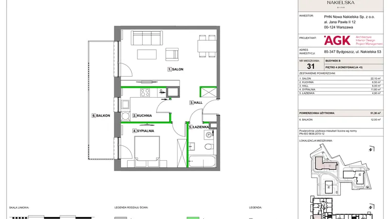 Rzut - Mieszkanie na sprzedaż 2 pokoje o powierzchni 51,3 m² - numer NN-B-LM-31 w Nowa Nakielska by PHN