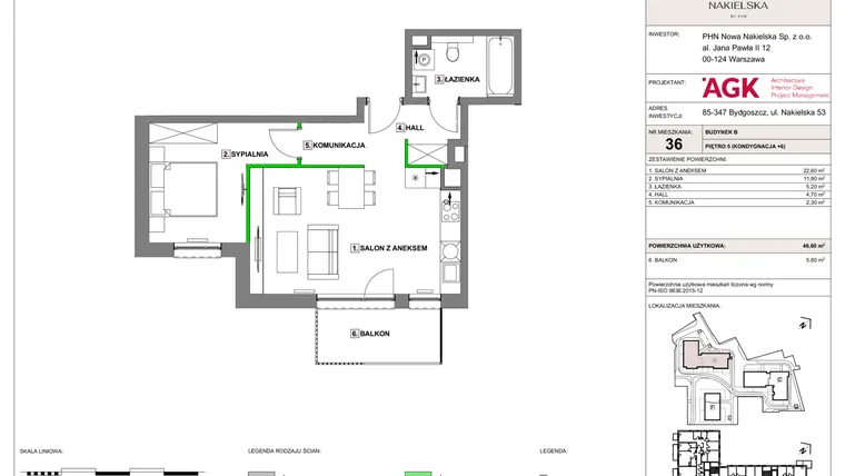 Rzut - Mieszkanie na sprzedaż 2 pokoje o powierzchni 46,6 m² - numer NN-B-LM-36 w Nowa Nakielska by PHN