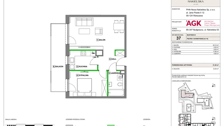 Rzut - Mieszkanie na sprzedaż 2 pokoje o powierzchni 51,3 m² - numer NN-B-LM-37 w Nowa Nakielska by PHN