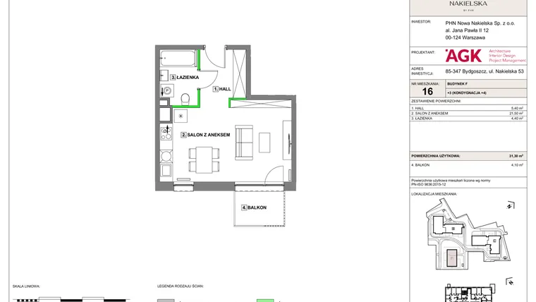 Rzut - Mieszkanie na sprzedaż 1 pokój o powierzchni 31,3 m² - numer NN-F-LM-16 w Nowa Nakielska by PHN
