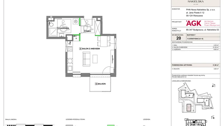 Rzut - Mieszkanie na sprzedaż 1 pokój o powierzchni 31,8 m² - numer NN-F-LM-20 w Nowa Nakielska by PHN