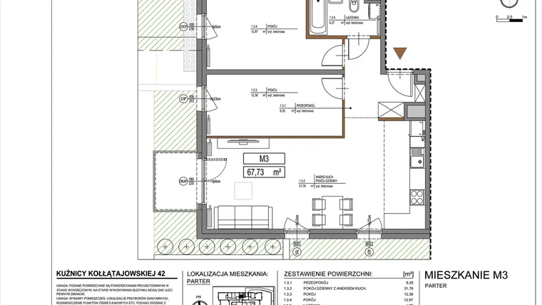 Rzut - Mieszkanie na sprzedaż 3 pokoje o powierzchni 67,73 m² - numer M3 w Kuźnicy Kołłątajowskiej 42