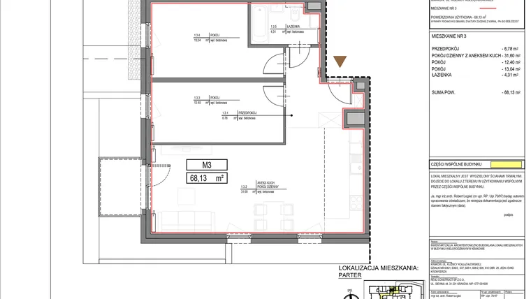 Rzut - Mieszkanie na sprzedaż 3 pokoje o powierzchni 67,73 m² - numer M3 w Kuźnicy Kołłątajowskiej 42