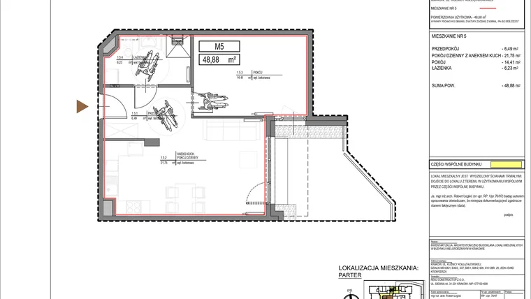 Rzut - Mieszkanie na sprzedaż 2 pokoje o powierzchni 48,88 m² - numer M5 w Kuźnicy Kołłątajowskiej 42