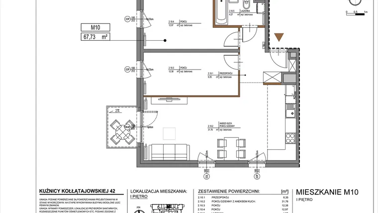 Rzut - Mieszkanie na sprzedaż 3 pokoje o powierzchni 67,73 m² - numer M10 w Kuźnicy Kołłątajowskiej 42