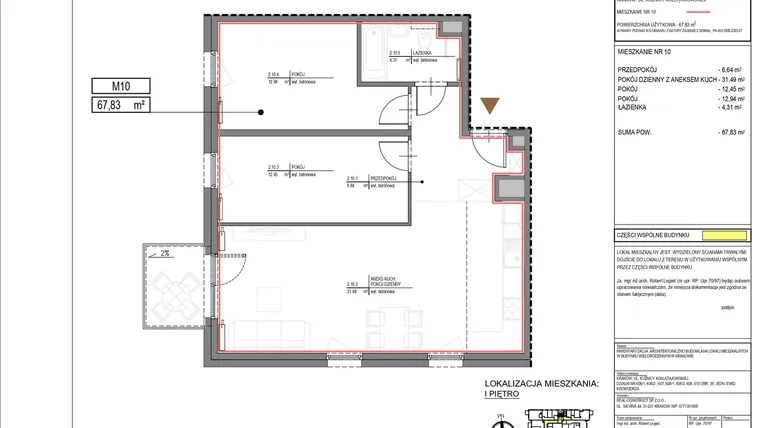 Rzut - Mieszkanie na sprzedaż 3 pokoje o powierzchni 67,83 m² - numer M10 w Kuźnicy Kołłątajowskiej 42