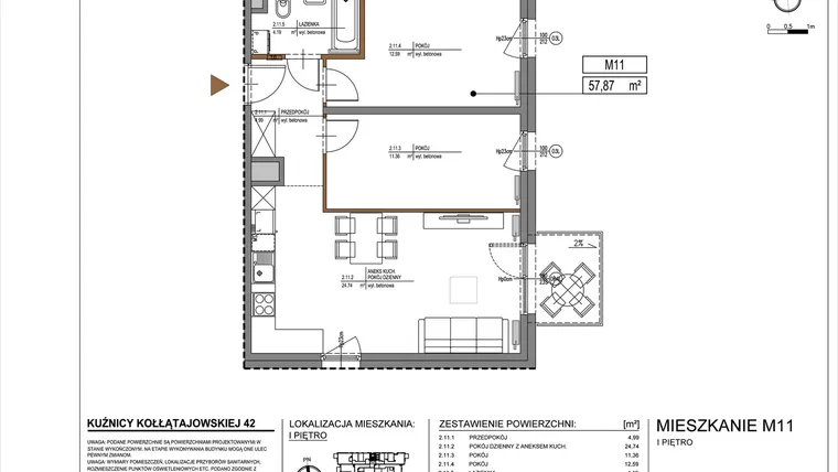 Rzut - Mieszkanie na sprzedaż 3 pokoje o powierzchni 57,87 m² - numer M11 w Kuźnicy Kołłątajowskiej 42