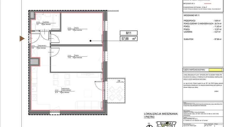 Rzut - Mieszkanie na sprzedaż 3 pokoje o powierzchni 57,88 m² - numer M11 w Kuźnicy Kołłątajowskiej 42