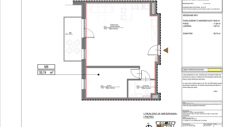 Rzut - Mieszkanie na sprzedaż 2 pokoje o powierzchni 55,74 m² - numer M9 w Kuźnicy Kołłątajowskiej 42
