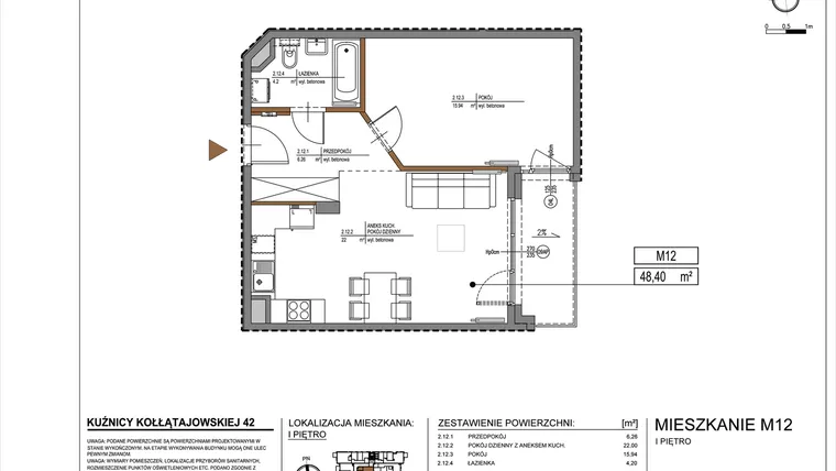 Rzut - Mieszkanie na sprzedaż 2 pokoje o powierzchni 48,4 m² - numer M12 w Kuźnicy Kołłątajowskiej 42