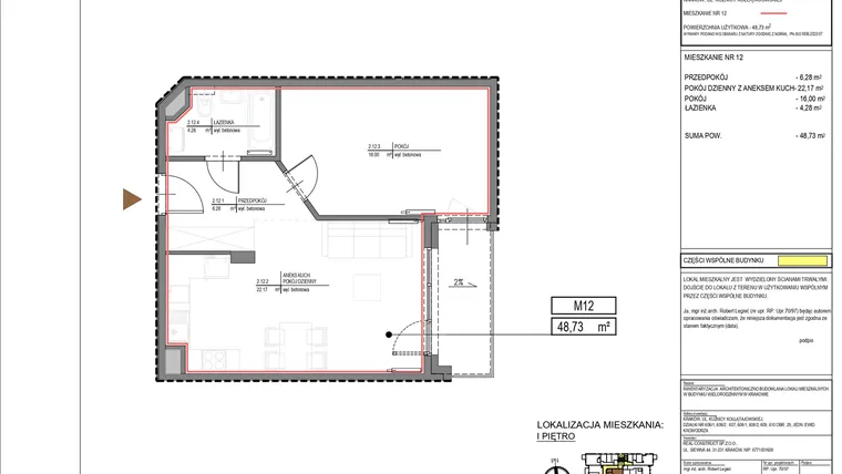 Rzut - Mieszkanie na sprzedaż 2 pokoje o powierzchni 48,73 m² - numer M12 w Kuźnicy Kołłątajowskiej 42