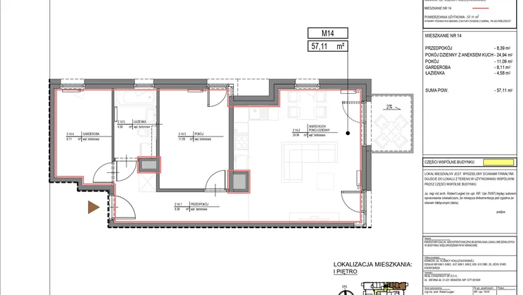 Rzut - Mieszkanie na sprzedaż 3 pokoje o powierzchni 57,11 m² - numer M14 w Kuźnicy Kołłątajowskiej 42