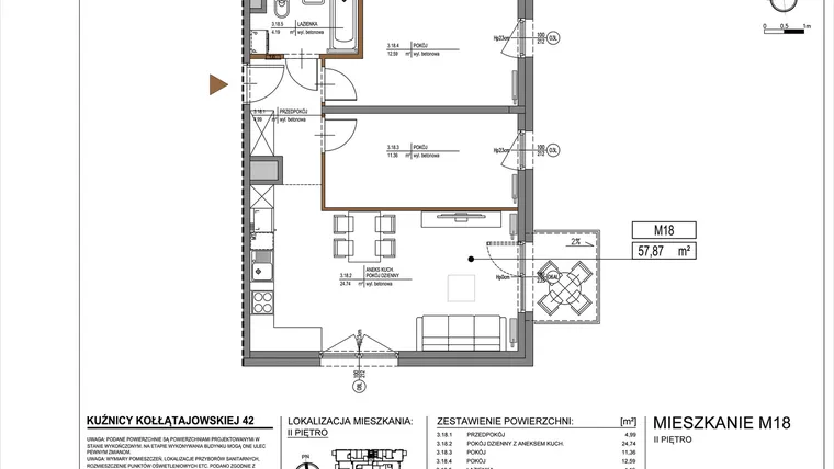 Rzut - Mieszkanie na sprzedaż 3 pokoje o powierzchni 57,87 m² - numer M18 w Kuźnicy Kołłątajowskiej 42