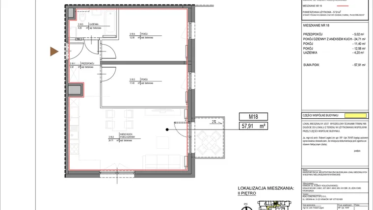 Rzut - Mieszkanie na sprzedaż 3 pokoje o powierzchni 57,91 m² - numer M18 w Kuźnicy Kołłątajowskiej 42