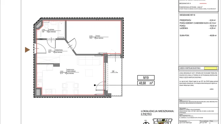 Rzut - Mieszkanie na sprzedaż 2 pokoje o powierzchni 48,68 m² - numer M19 w Kuźnicy Kołłątajowskiej 42