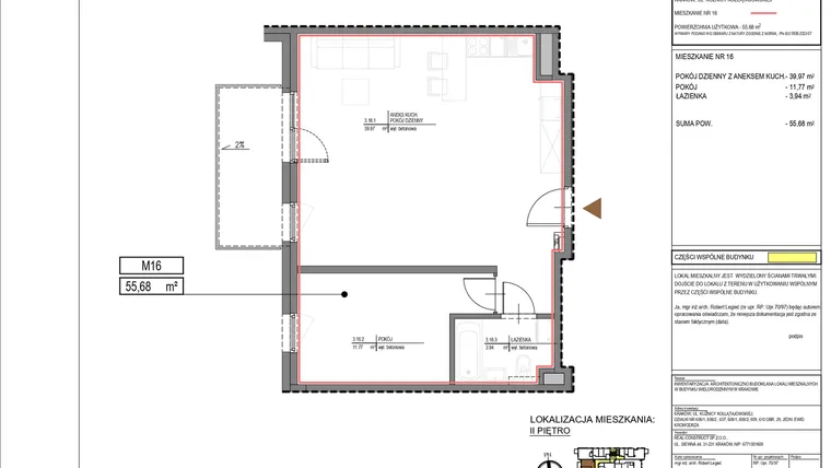 Rzut - Mieszkanie na sprzedaż 2 pokoje o powierzchni 55,68 m² - numer M16 w Kuźnicy Kołłątajowskiej 42