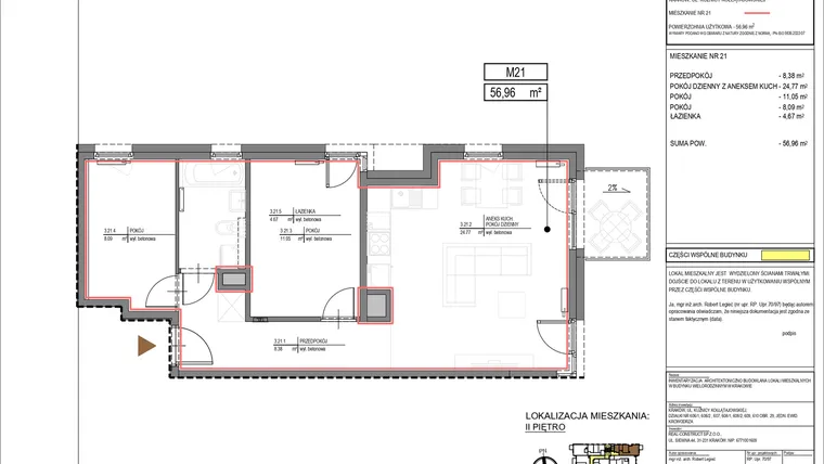 Rzut - Mieszkanie na sprzedaż 3 pokoje o powierzchni 56,96 m² - numer M21 w Kuźnicy Kołłątajowskiej 42