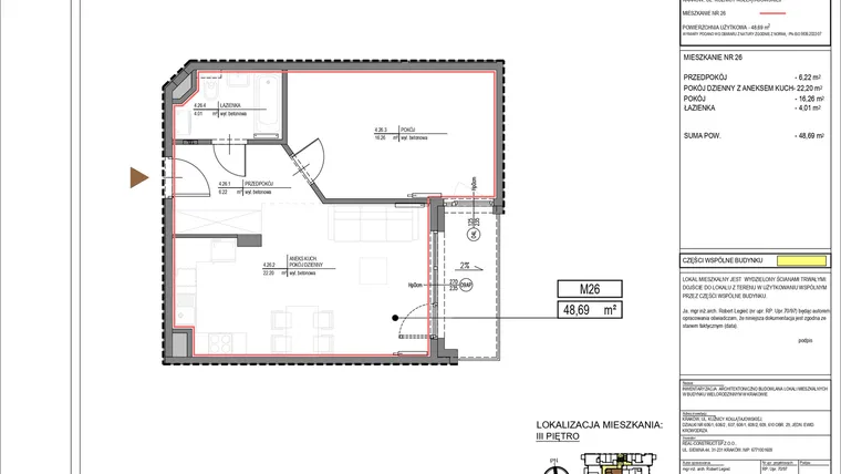 Rzut - Mieszkanie na sprzedaż 2 pokoje o powierzchni 48,69 m² - numer M26 w Kuźnicy Kołłątajowskiej 42