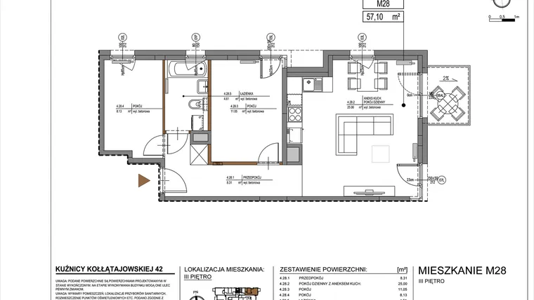 Rzut - Mieszkanie na sprzedaż 3 pokoje o powierzchni 57,1 m² - numer M28 w Kuźnicy Kołłątajowskiej 42