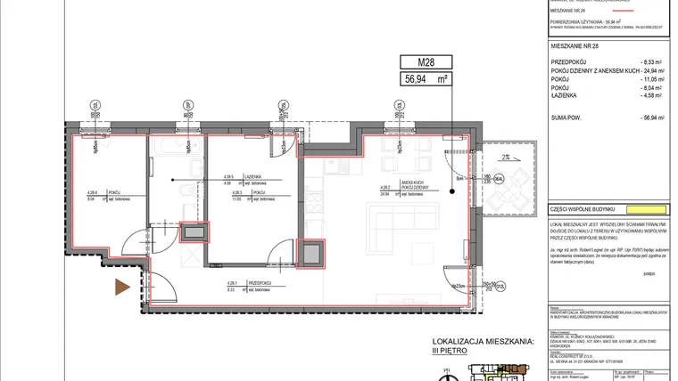 Rzut - Mieszkanie na sprzedaż 3 pokoje o powierzchni 56,94 m² - numer M28 w Kuźnicy Kołłątajowskiej 42