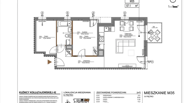 Rzut - Mieszkanie na sprzedaż 3 pokoje o powierzchni 57,1 m² - numer M35 w Kuźnicy Kołłątajowskiej 42