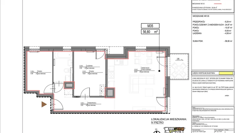 Rzut - Mieszkanie na sprzedaż 3 pokoje o powierzchni 56,8 m² - numer M35 w Kuźnicy Kołłątajowskiej 42