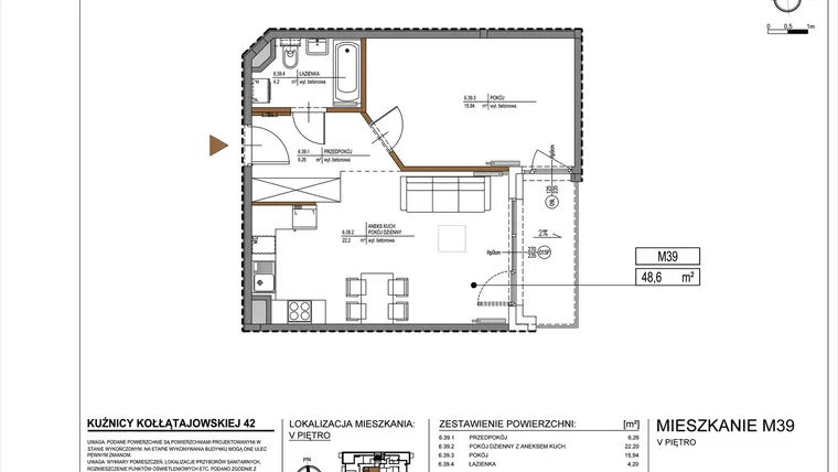 Rzut - Mieszkanie na sprzedaż 2 pokoje o powierzchni 48,6 m² - numer M39 w Kuźnicy Kołłątajowskiej 42
