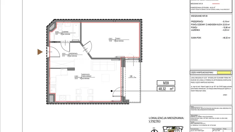 Rzut - Mieszkanie na sprzedaż 2 pokoje o powierzchni 48,32 m² - numer M39 w Kuźnicy Kołłątajowskiej 42