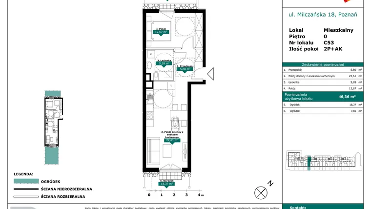Rzut - Mieszkanie na sprzedaż 2 pokoje o powierzchni 46,36 m² - numer C53 w Milczańska 18