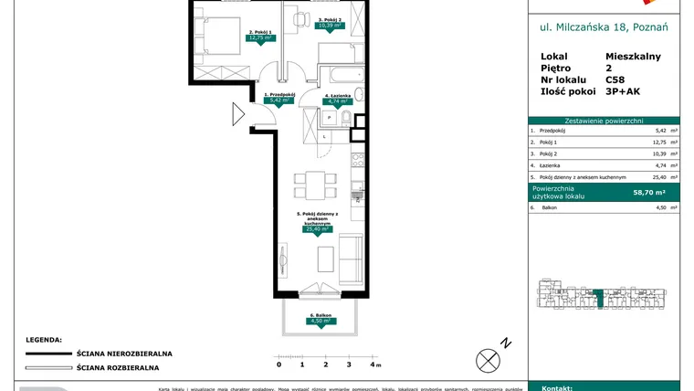 Rzut - Mieszkanie na sprzedaż 3 pokoje o powierzchni 58,7 m² - numer C58 w Milczańska 18