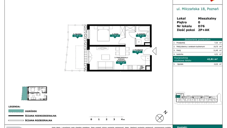 Rzut - Mieszkanie na sprzedaż 2 pokoje o powierzchni 42,81 m² - numer D76 w Milczańska 18
