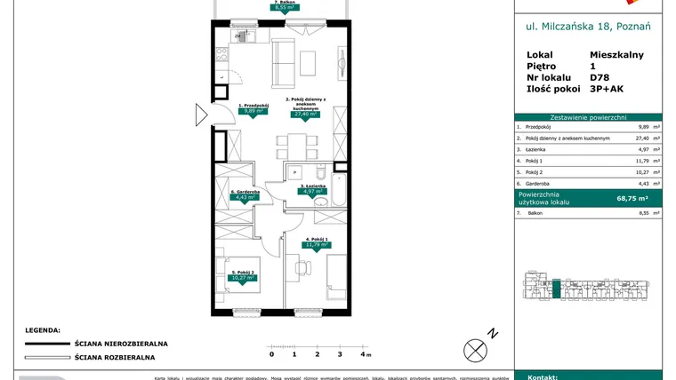 Rzut - Mieszkanie na sprzedaż 3 pokoje o powierzchni 68,75 m² - numer D78 w Milczańska 18