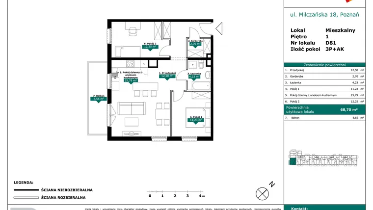 Rzut - Mieszkanie na sprzedaż 3 pokoje o powierzchni 68,7 m² - numer D81 w Milczańska 18