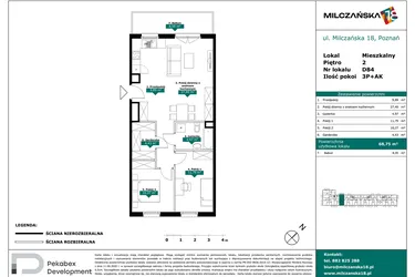 Rzut - Mieszkanie na sprzedaż 3 pokoje o powierzchni 68,75 m² - numer D84 w Milczańska 18