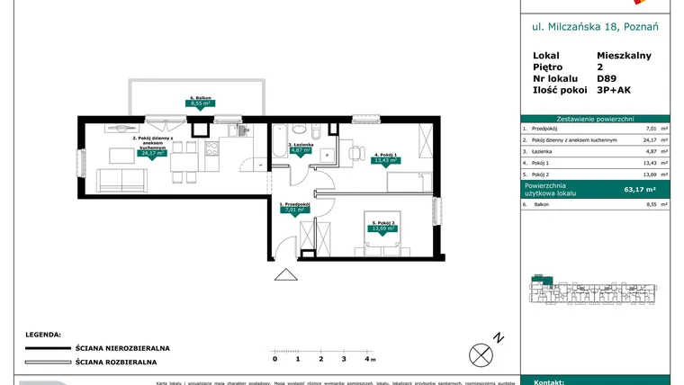Rzut - Mieszkanie na sprzedaż 3 pokoje o powierzchni 63,17 m² - numer D89 w Milczańska 18