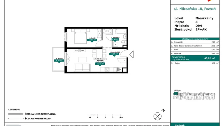 Rzut - Mieszkanie na sprzedaż 2 pokoje o powierzchni 43,02 m² - numer D94 w Milczańska 18