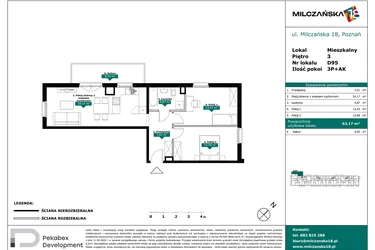 Rzut - Mieszkanie na sprzedaż 3 pokoje o powierzchni 63,17 m² - numer D95 w Milczańska 18