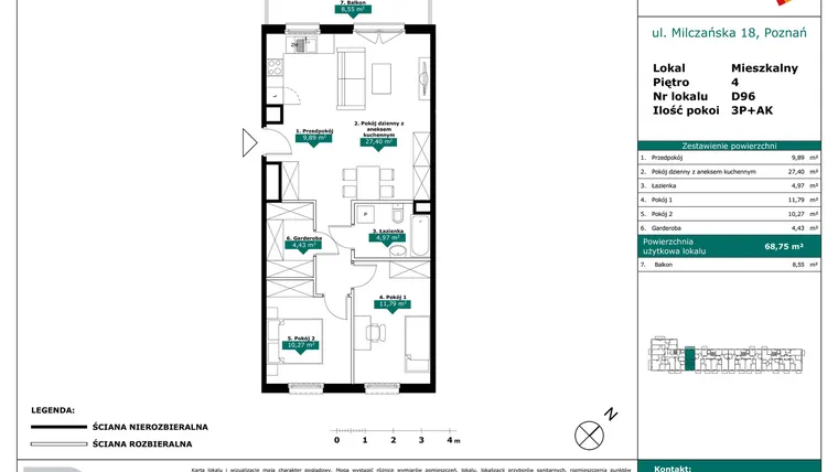 Rzut - Mieszkanie na sprzedaż 3 pokoje o powierzchni 68,75 m² - numer D96 w Milczańska 18