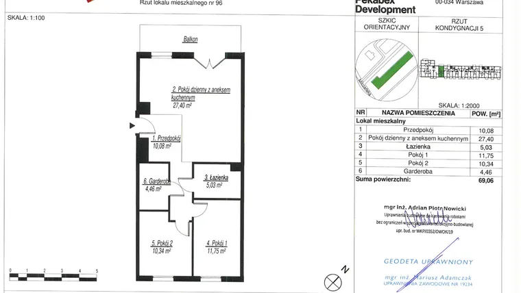Rzut - Mieszkanie na sprzedaż 3 pokoje o powierzchni 69,06 m² - numer D96 w Milczańska 18