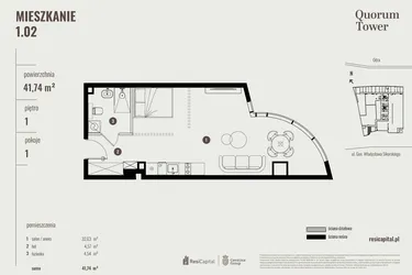 Rzut - Mieszkanie na sprzedaż 1 pokój o powierzchni 42,08 m² - numer 1.02 w Quorum Tower